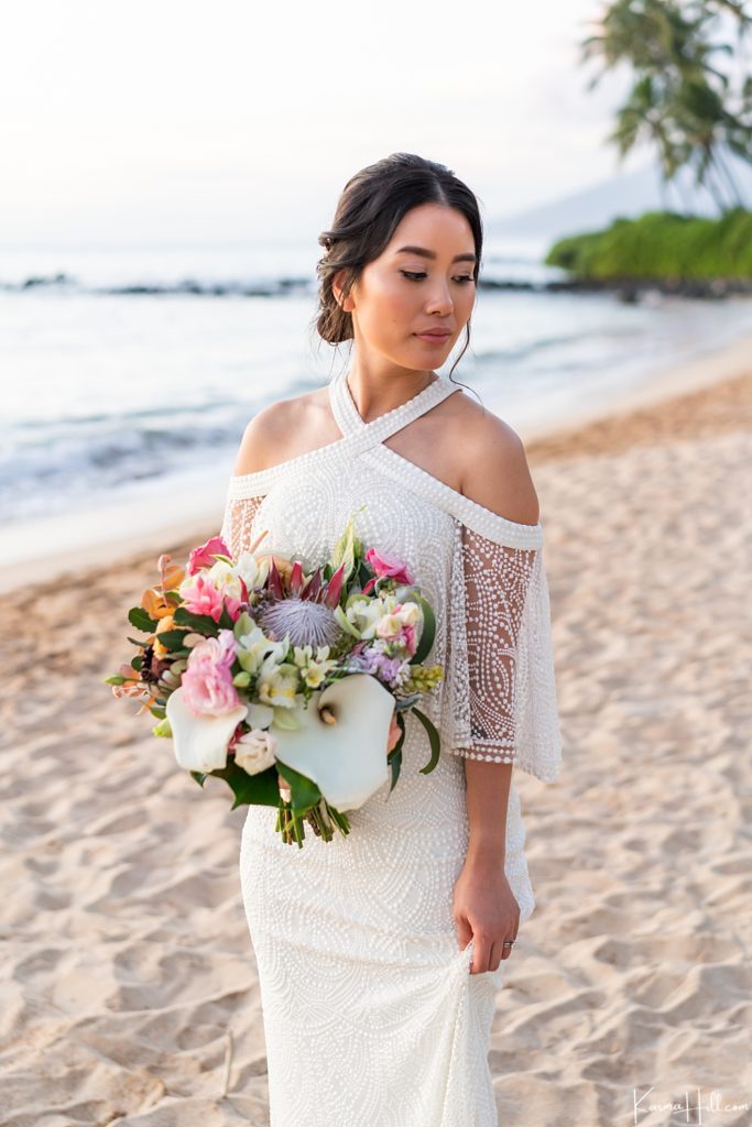 maui bride on the beach - best wedding photographer in hawaii - boho inspired beach wedding dress 