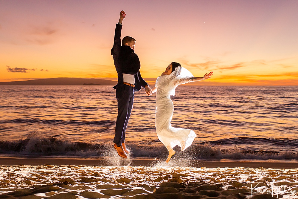 maui wedding couple jumping in the sunset - best maui wedding photographer 