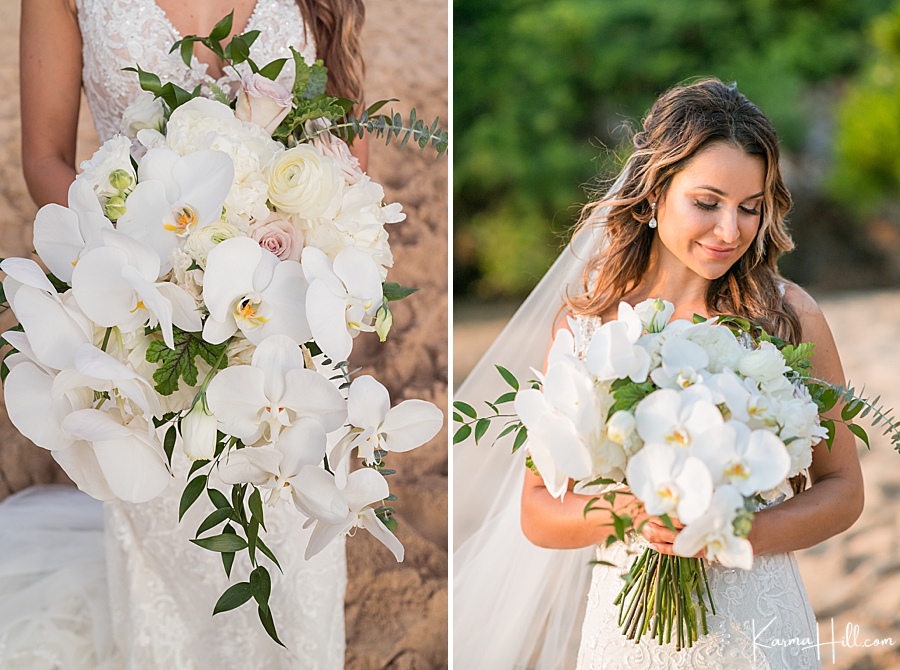 white orchid bouquet and bride