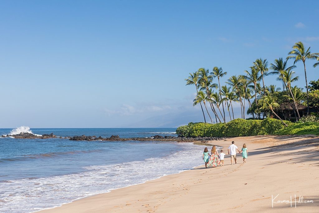 photo of a family of five holding hands while walking down a sandy beach in hawaii 