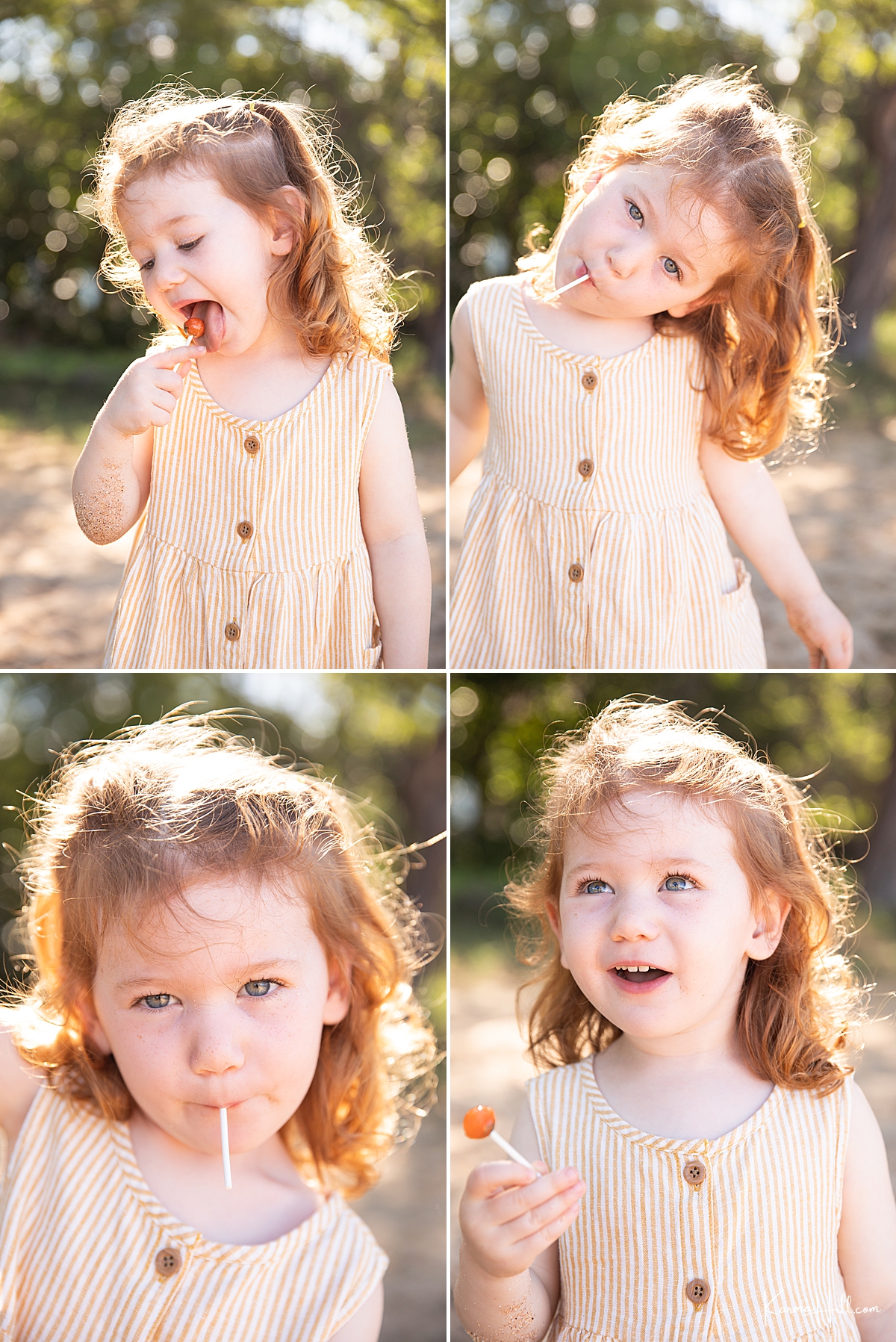 cute photos of a little girl with red hair in a yellow striped dress eating a lollipop on the beach 