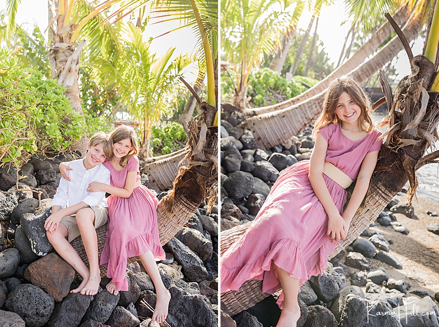 cute photos of a brother and sister sitting on a palm tree in a maui beach 