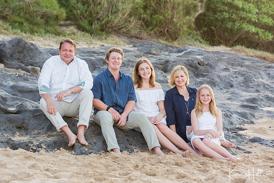 family photo taken in Maui, Hawaii on the beach of Ironwoods 