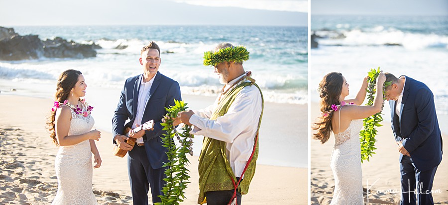 bride and groom exchange orchid and maile leis for their beach wedding in hawaii 