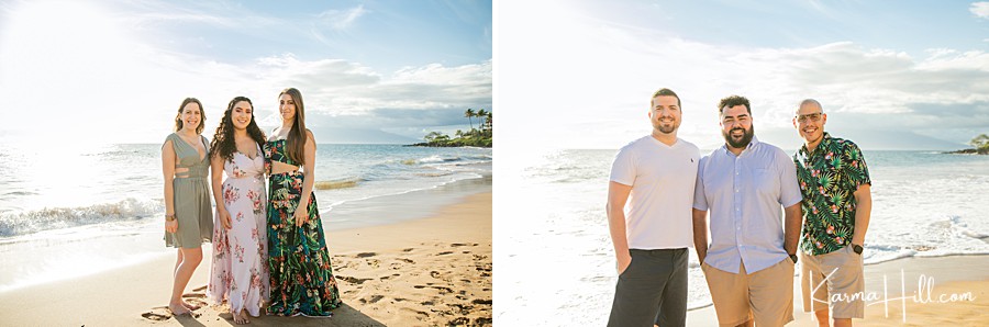 three couples stand in front of a gorgeous maui sky at the beach 
