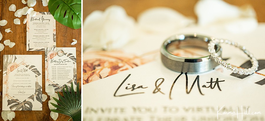 Maui Destination Wedding Photography of Invitations and Rings