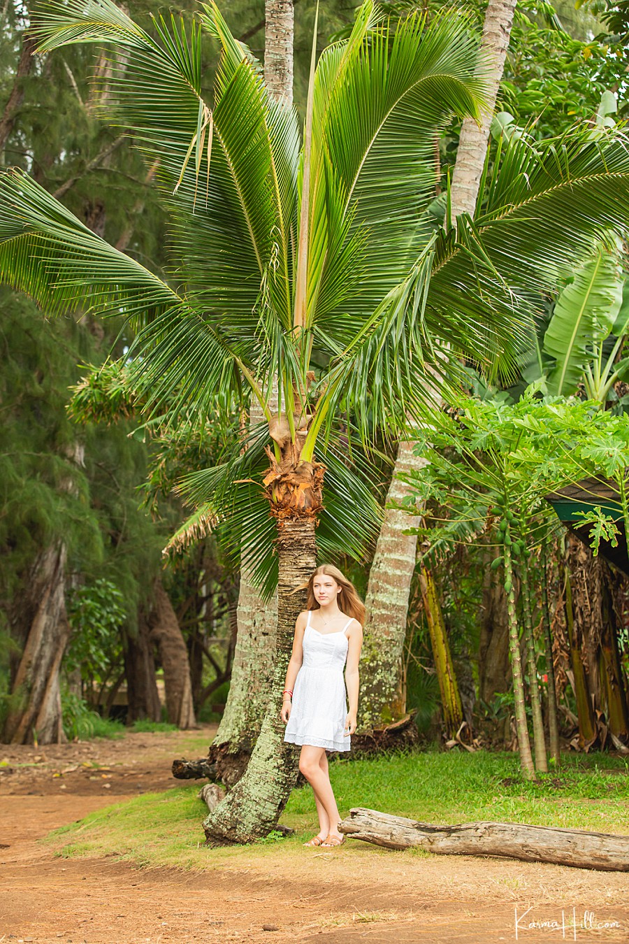 beautiful young woman stands in a white dress near a palm tree in hawaii 