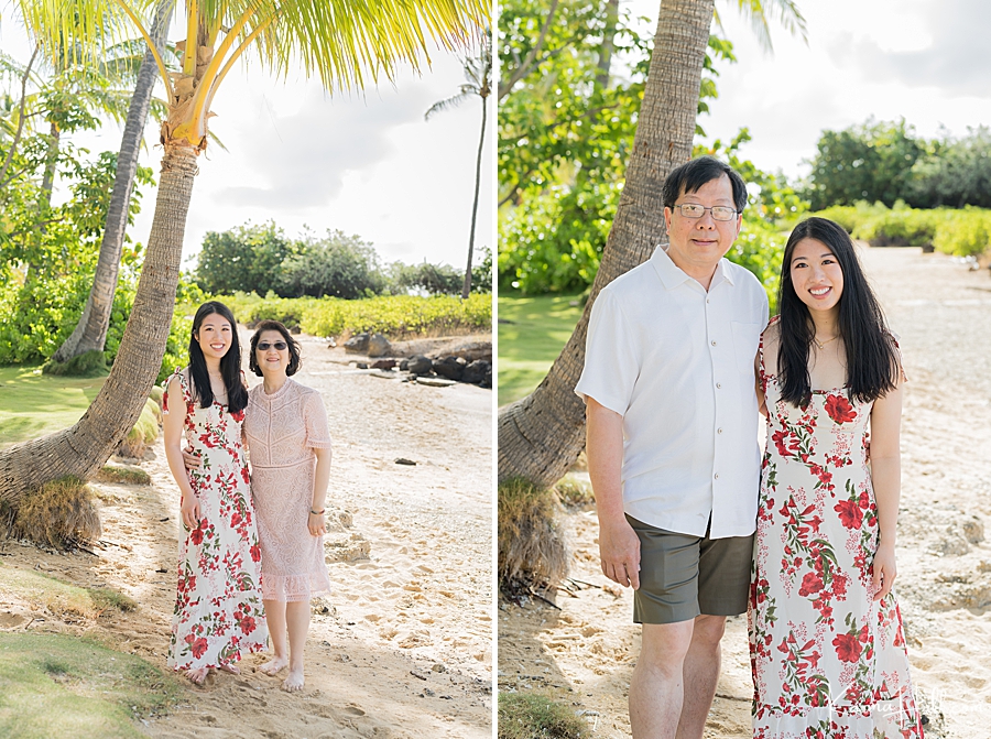 daughter wearing floral dress poses in front of palm tree with her father and mother 