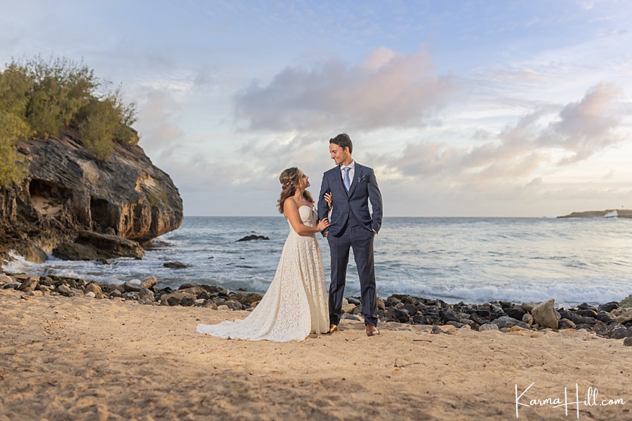 bride and groom at Kauai beach wedding