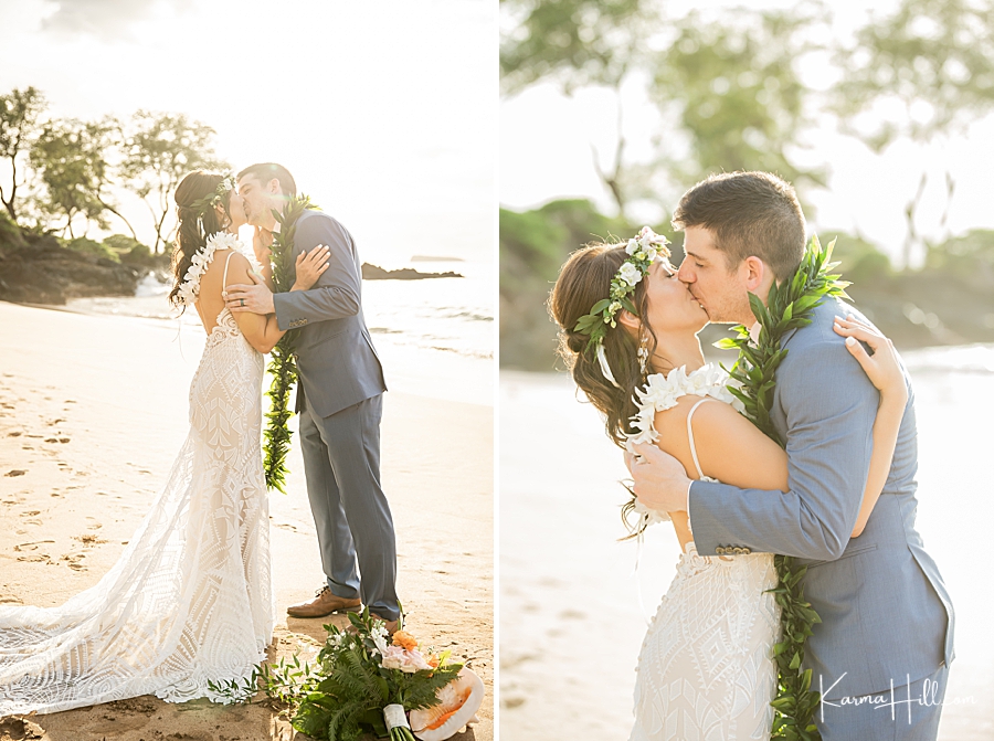 bride and groom wedding kiss photographers in maui