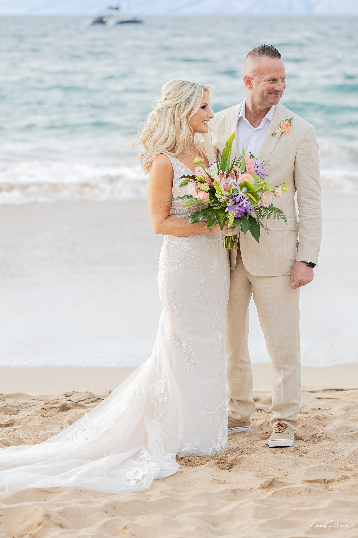 Maui beach wedding bride and groom 
