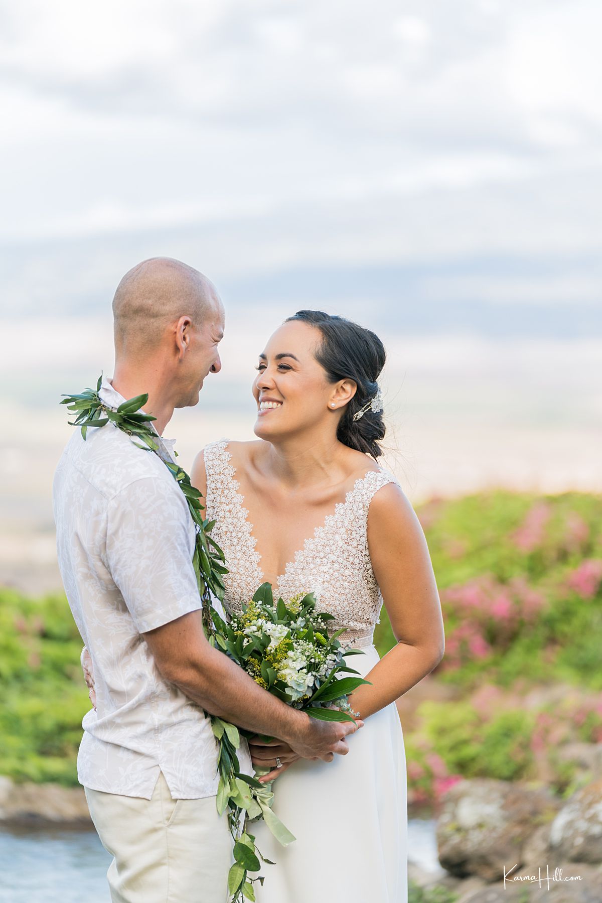 beautiful Maui wedding photo of the couple smiling